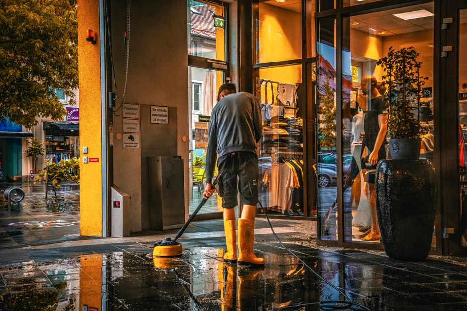 An adult male cleaning a glass window indoors, focusing on household chores and cleanliness.